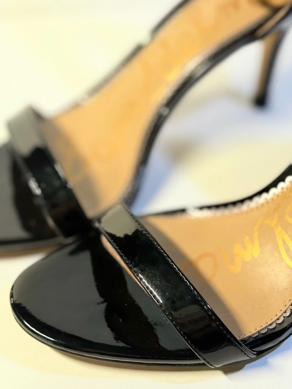 SAM EDELMAN Patti Black Patent Ankle Strap Heels, Gently worn. Size 7.